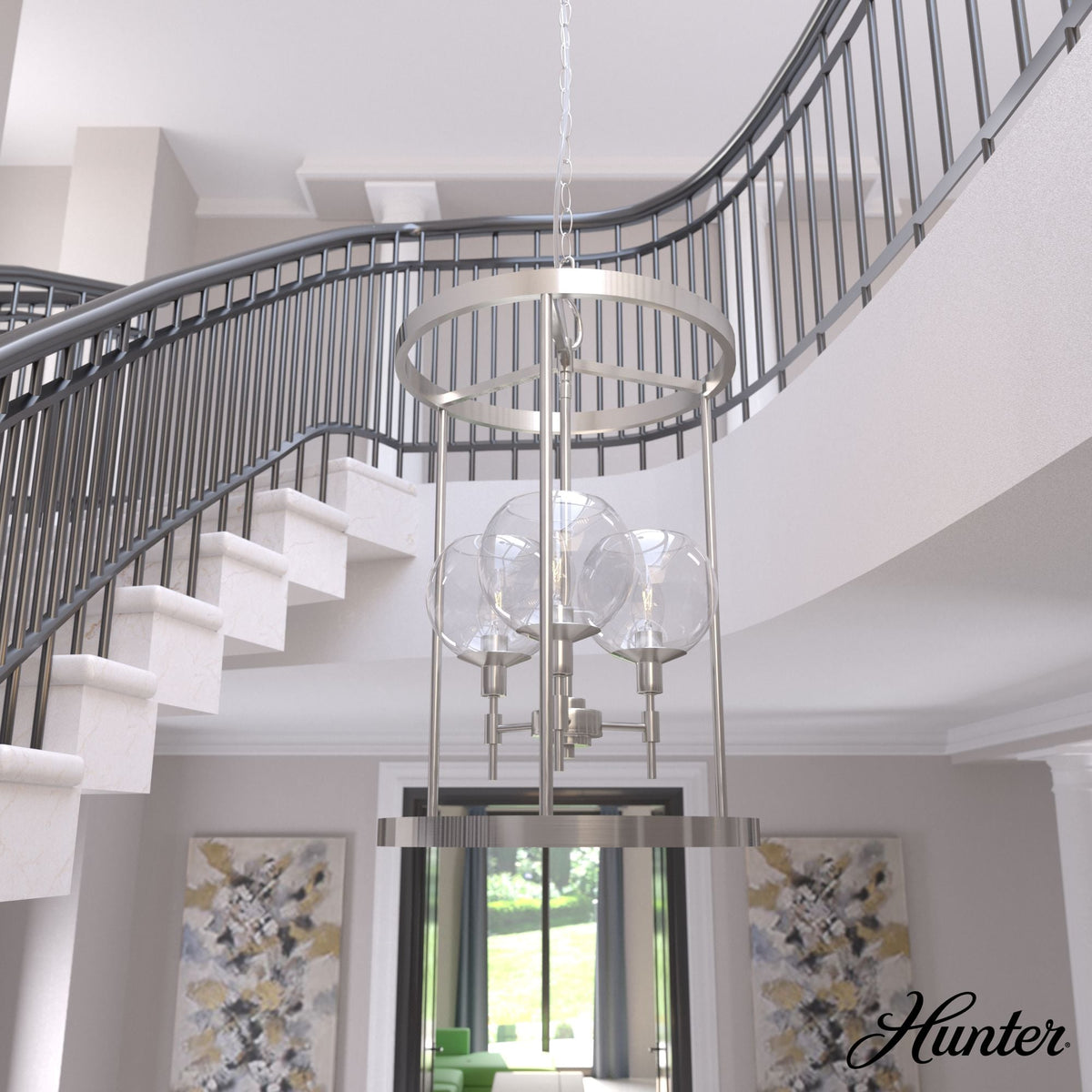 Hunter Xidane 3-Light Brushed Nickel Mid-century Clear Glass Geometric LED Medium Hanging Kitchen Island Light