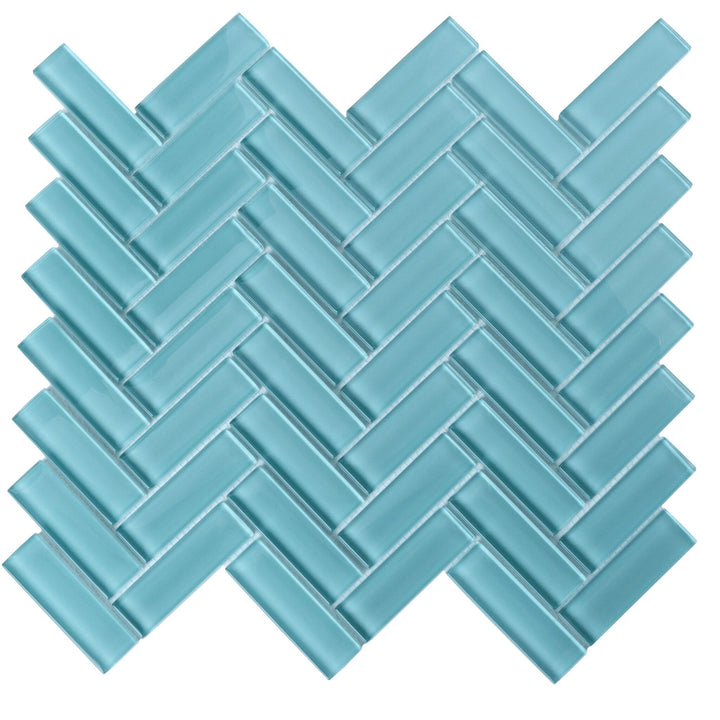 Apollo Tile (Sample) Colorway Tiffany Blue 4-in x 4-in Glossy Glass Herringbone Mosaic Floor and Wall Tile