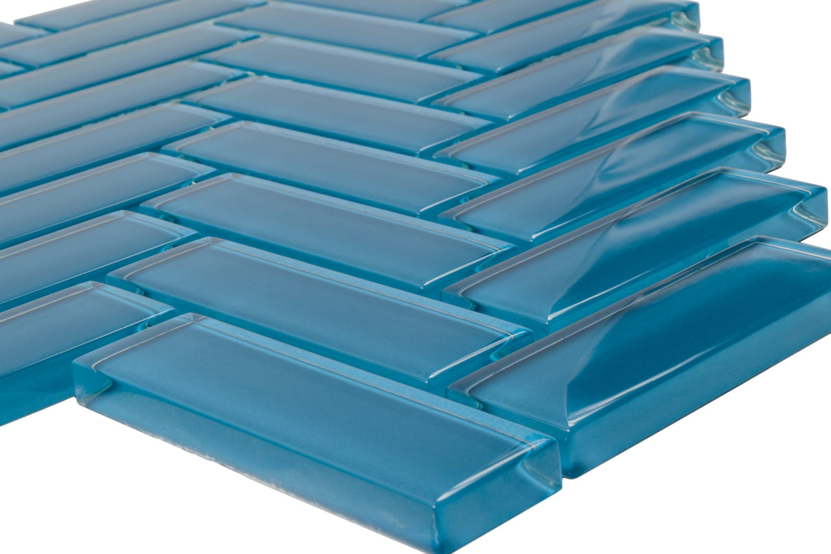 Apollo Tile (Sample) Colorway Sea Blue 4-in x 4-in Glossy Glass Herringbone Floor and Wall Tile