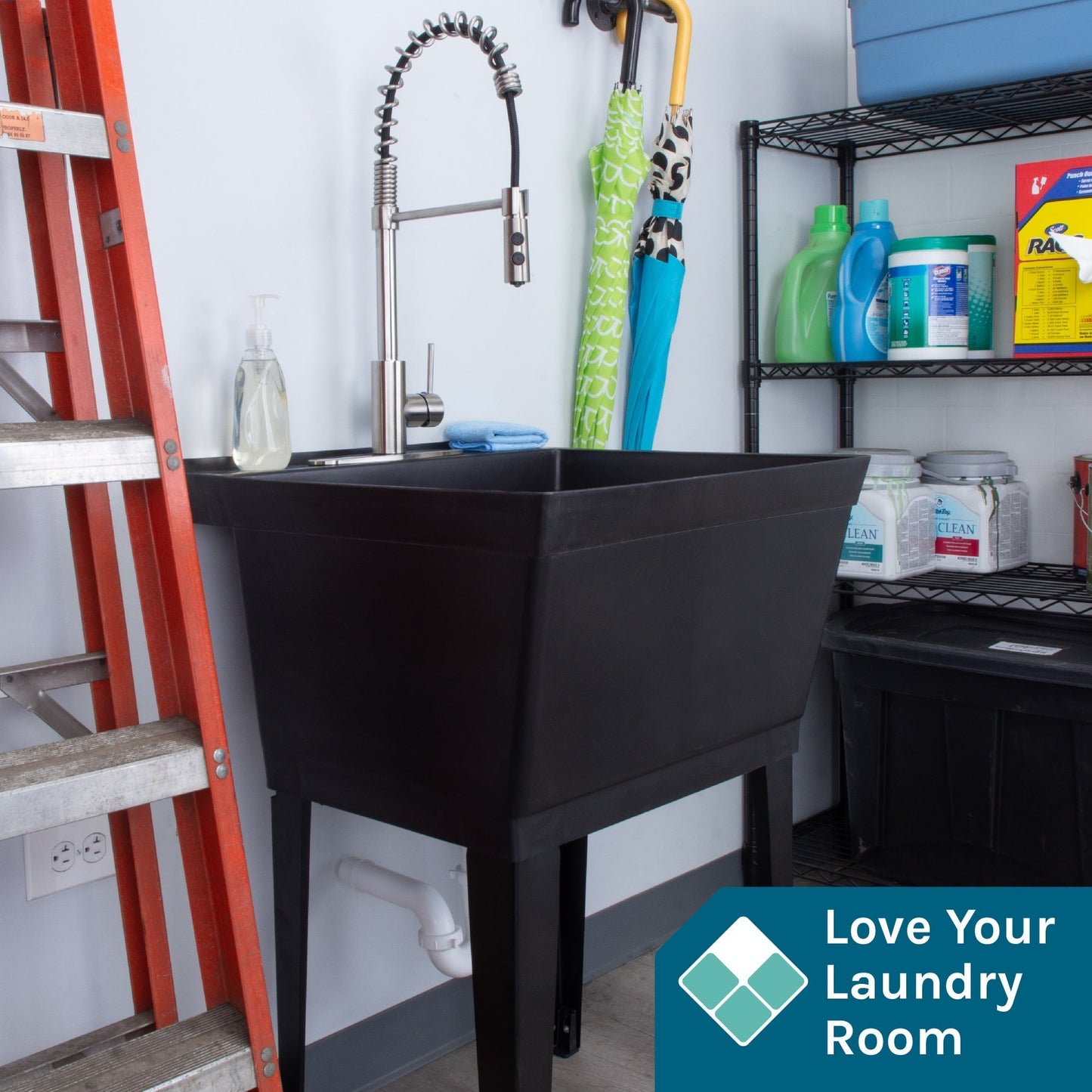 Cambridge Resources Black Freestanding Utility Tub with Faucet and Drain