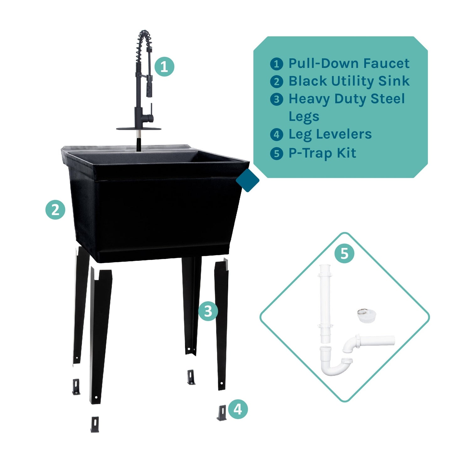 Cambridge Resources Black Freestanding Utility Tub with Faucet and Drain