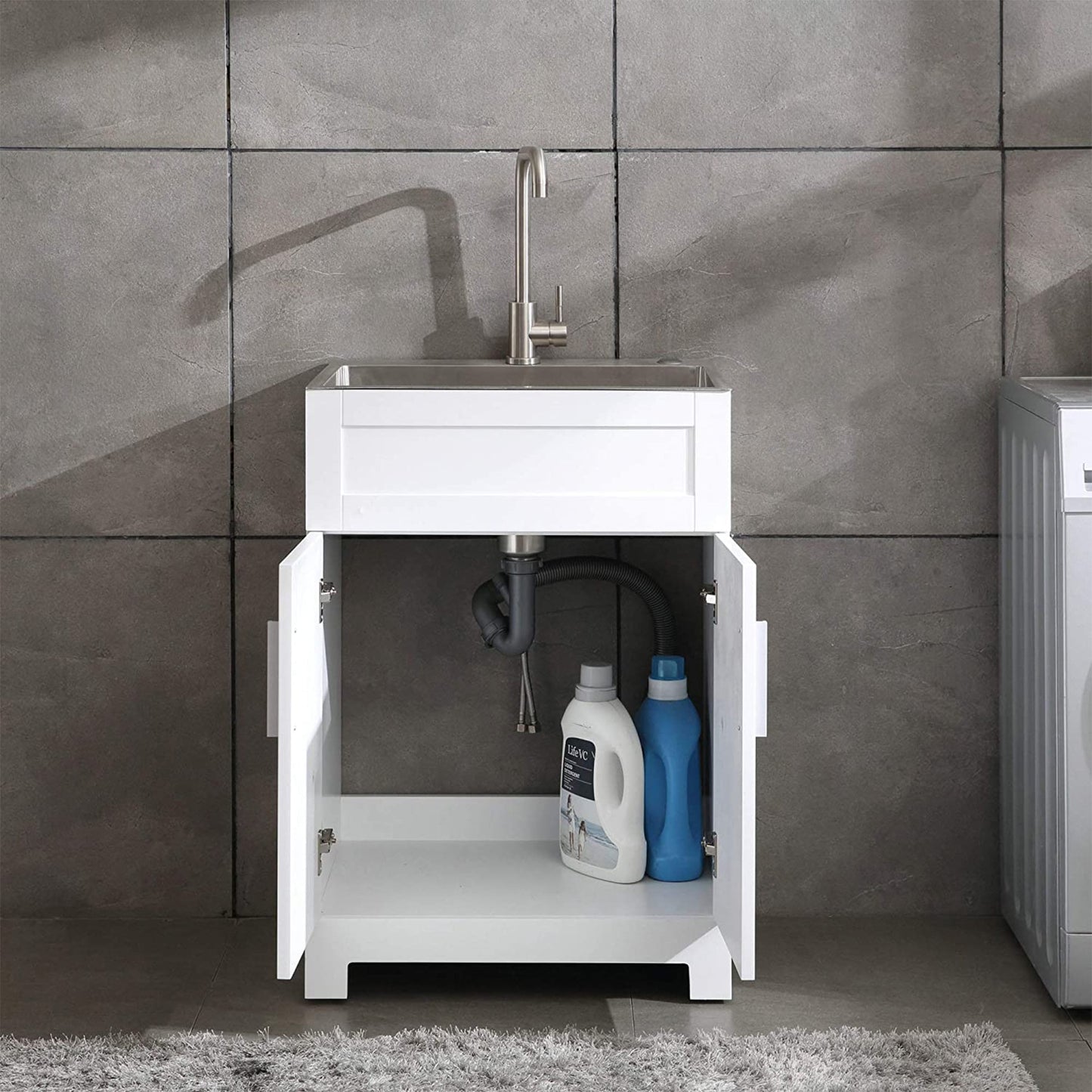 WELLFOR 24-in x 18-in White Freestanding Utility Tub with Faucet and Storage Cabinet
