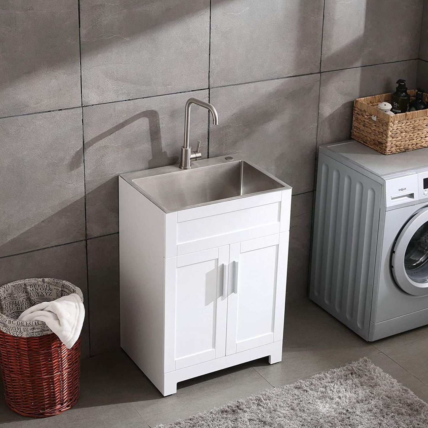WELLFOR 24-in x 18-in White Freestanding Utility Tub with Faucet and Storage Cabinet
