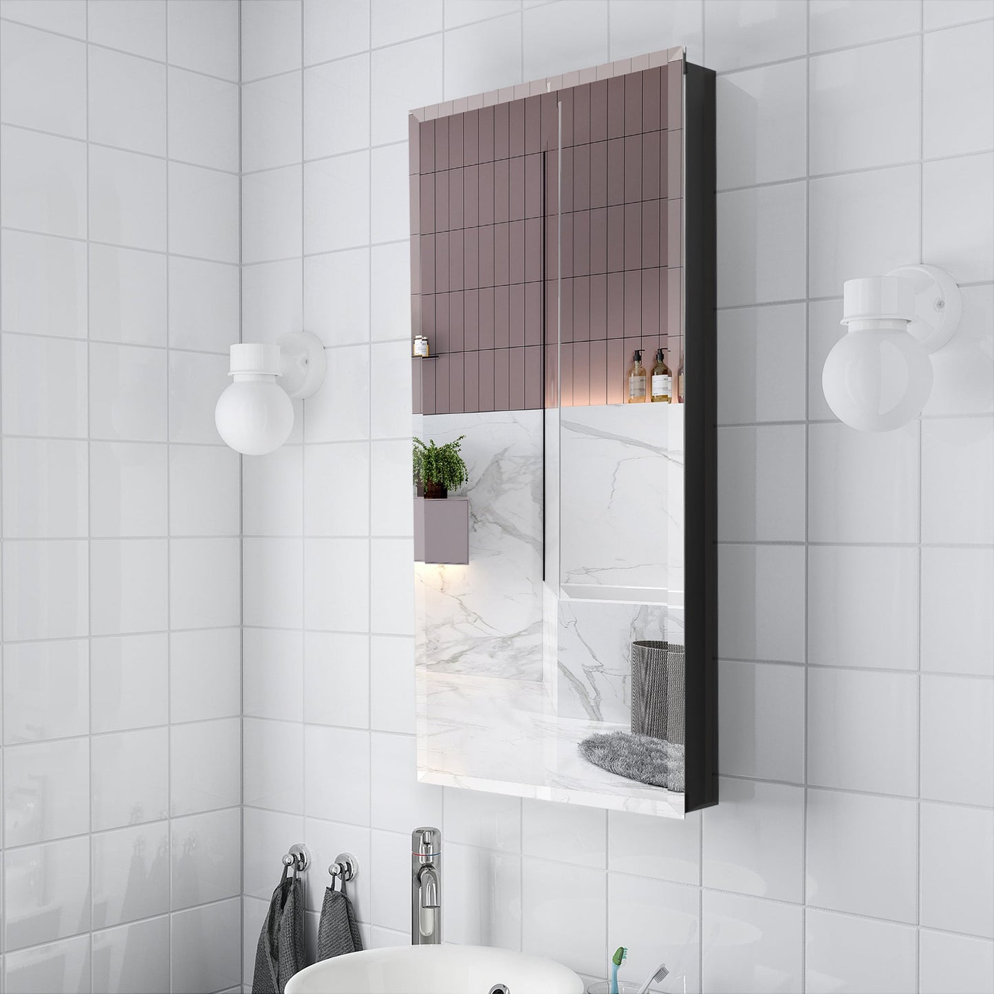 Forclover KF 15-in x 36-in Surface/Recessed Mount Black Mirrored Soft Close Medicine Cabinet