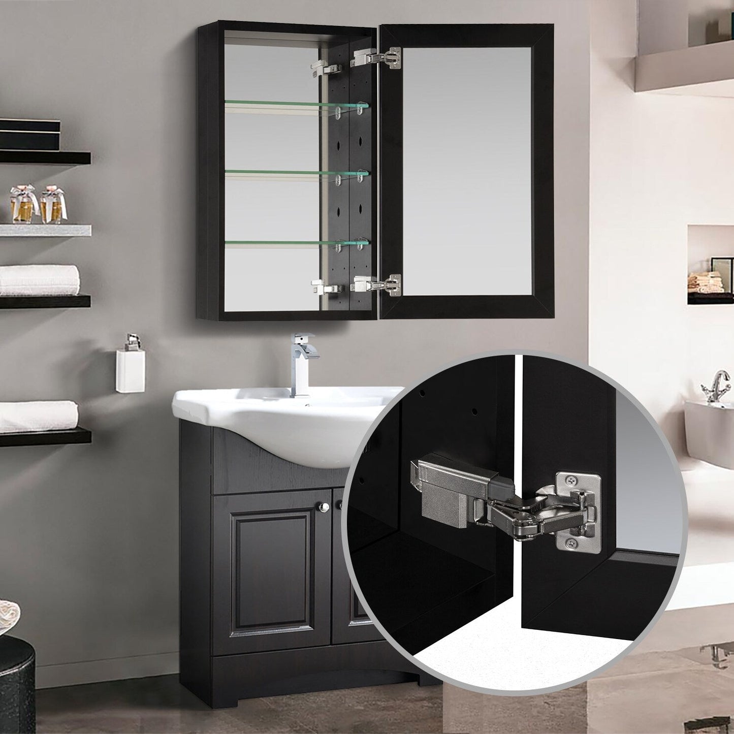 Forclover KF 15-in x 36-in Surface/Recessed Mount Black Mirrored Soft Close Medicine Cabinet