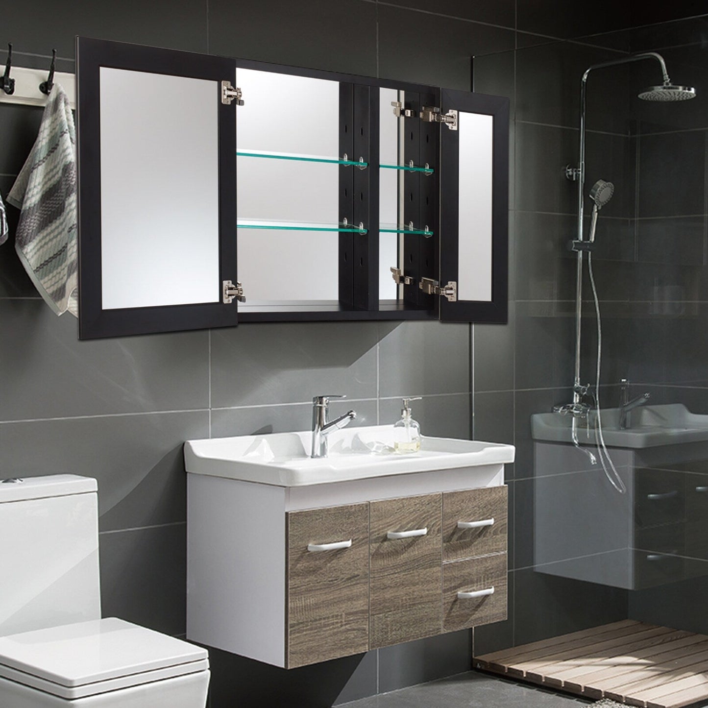 Forclover KF 30-in x 26-in Surface/Recessed Mount Black Mirrored Soft Close Medicine Cabinet