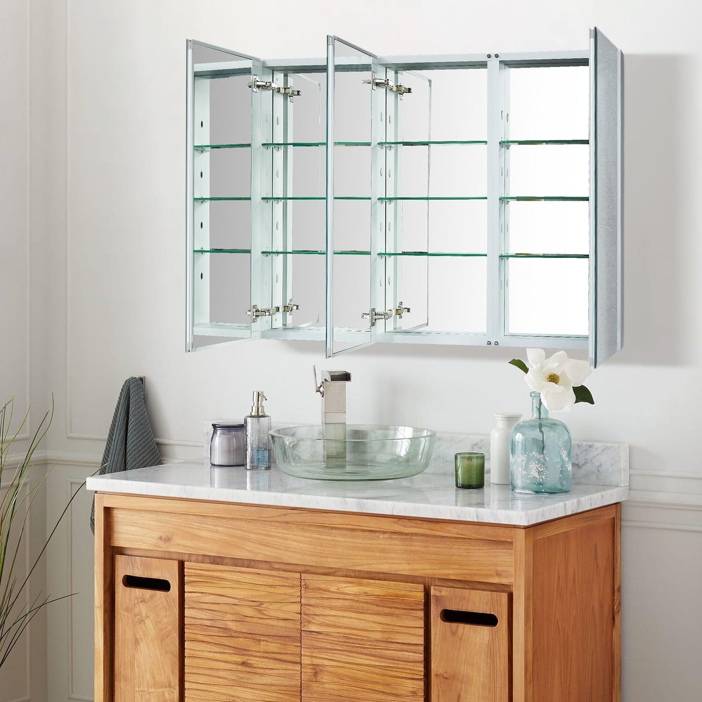 Forclover KF 48-in x 36-in Surface/Recessed Mount Satin Mirrored Soft Close Medicine Cabinet