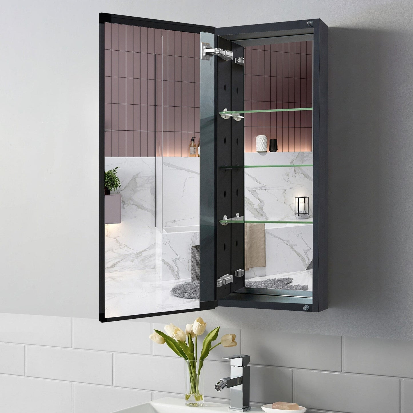 Forclover KF 15-in x 36-in Surface/Recessed Mount Black Mirrored Soft Close Medicine Cabinet