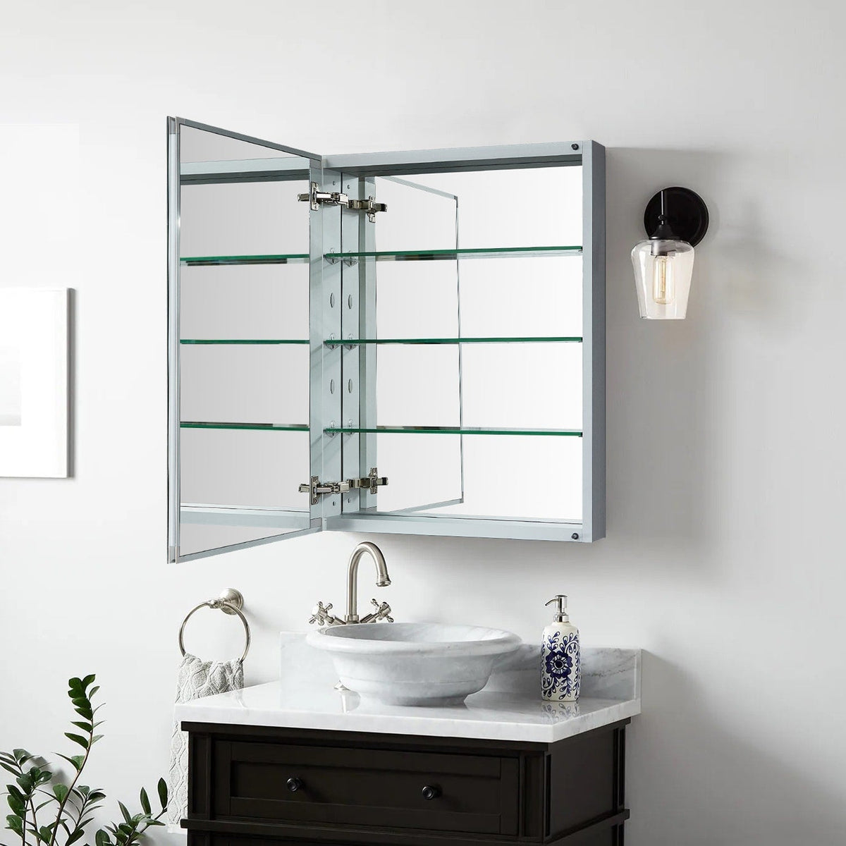 Forclover KF 23-in x 30-in Surface/Recessed Mount Satin Mirrored Soft Close Medicine Cabinet