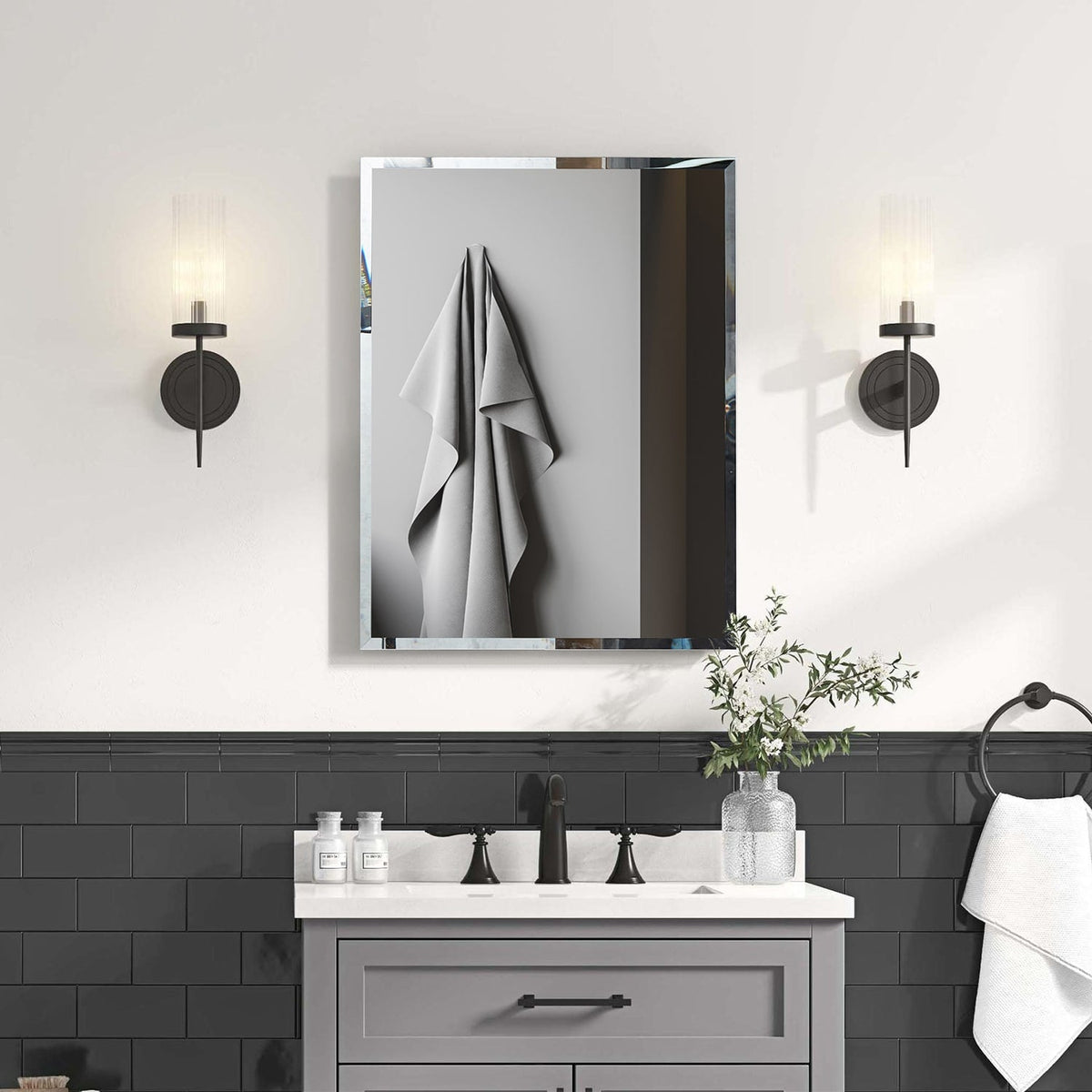 Forclover KF 23-in x 30-in Surface/Recessed Mount Satin Mirrored Soft Close Medicine Cabinet