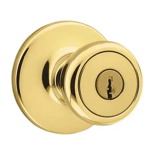 Kwikset Tylo Polished Brass Entry Knob, ANSI/BHMA Grade 3, Fits 1-3/4 in Doors