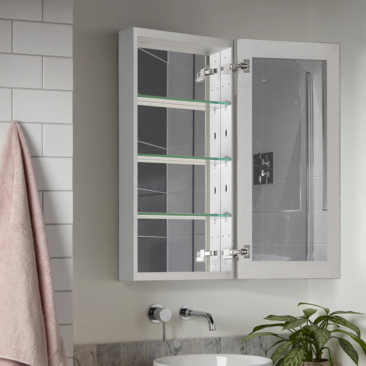 WELLFOR DH 15-in x 36-in Surface/Recessed Mount Satin Aluminum Mirrored Soft Close Medicine Cabinet