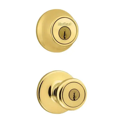 Kwikset Tylo Polished Brass Entry Lock and Single Cylinder Deadbolt, ANSI/BHMA Grade 3, 1-3/4 in.