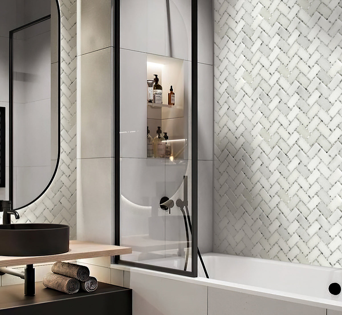 Apollo Tile Athens White 10-in x 11-in Polished Natural Stone Marble Herringbone Patterned Floor and Wall Tile (3.68-sq. ft/ Carton)
