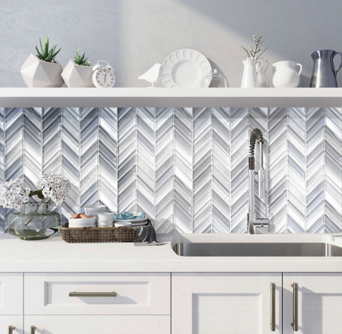 Apollo Tile (Sample) Glacier Blue and White 4-in x 4-in Multi-finish Glass Chevron Mosaic Floor and Wall Tile