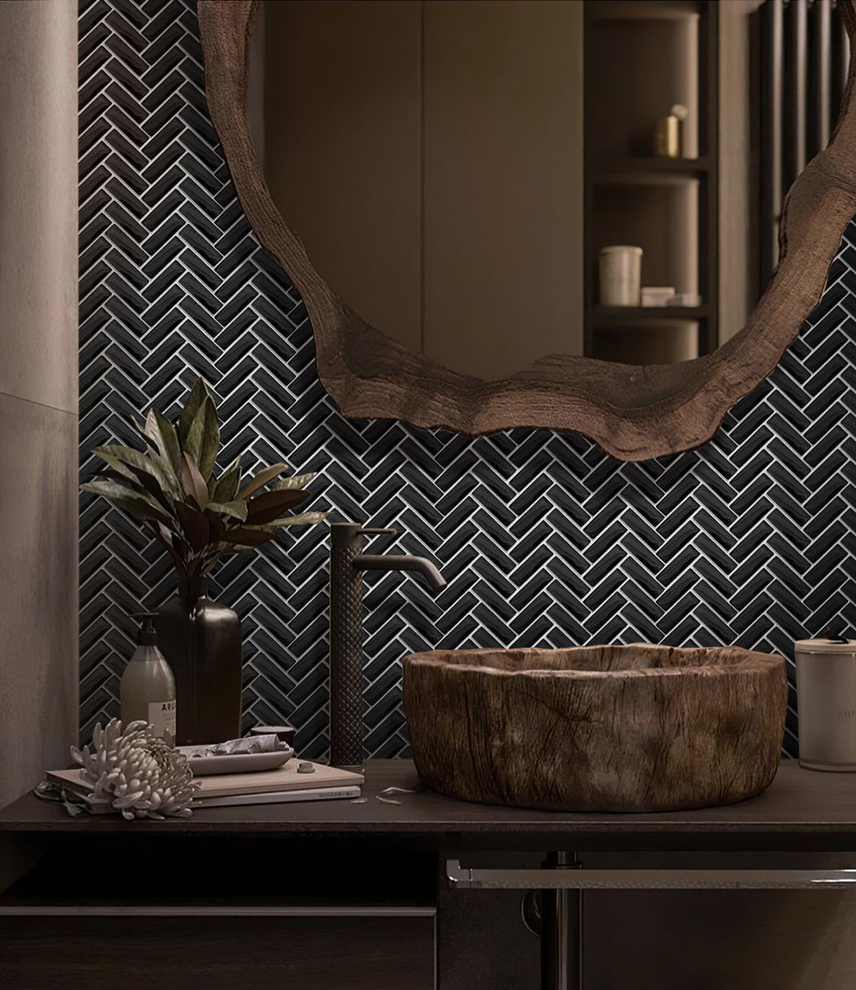 Apollo Tile (Sample) Colorway Black 4-in x 4-in Glossy Glass Herringbone Mosaic Floor and Wall Tile
