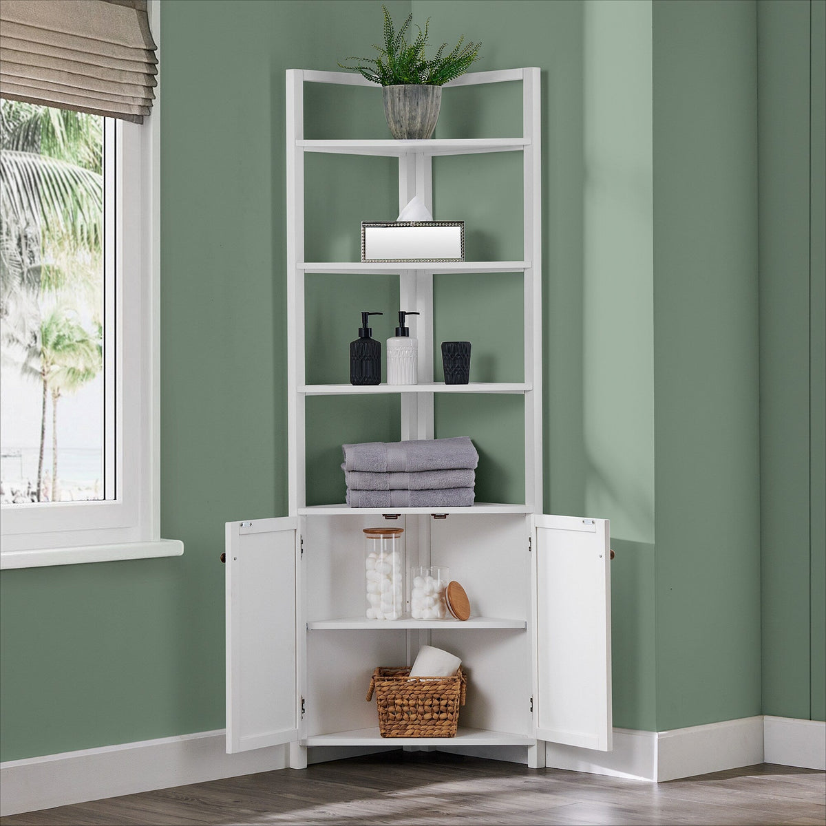 Alaterre Furniture 25-in x 68-in x 18-in White Wood Freestanding Corner Linen Cabinet