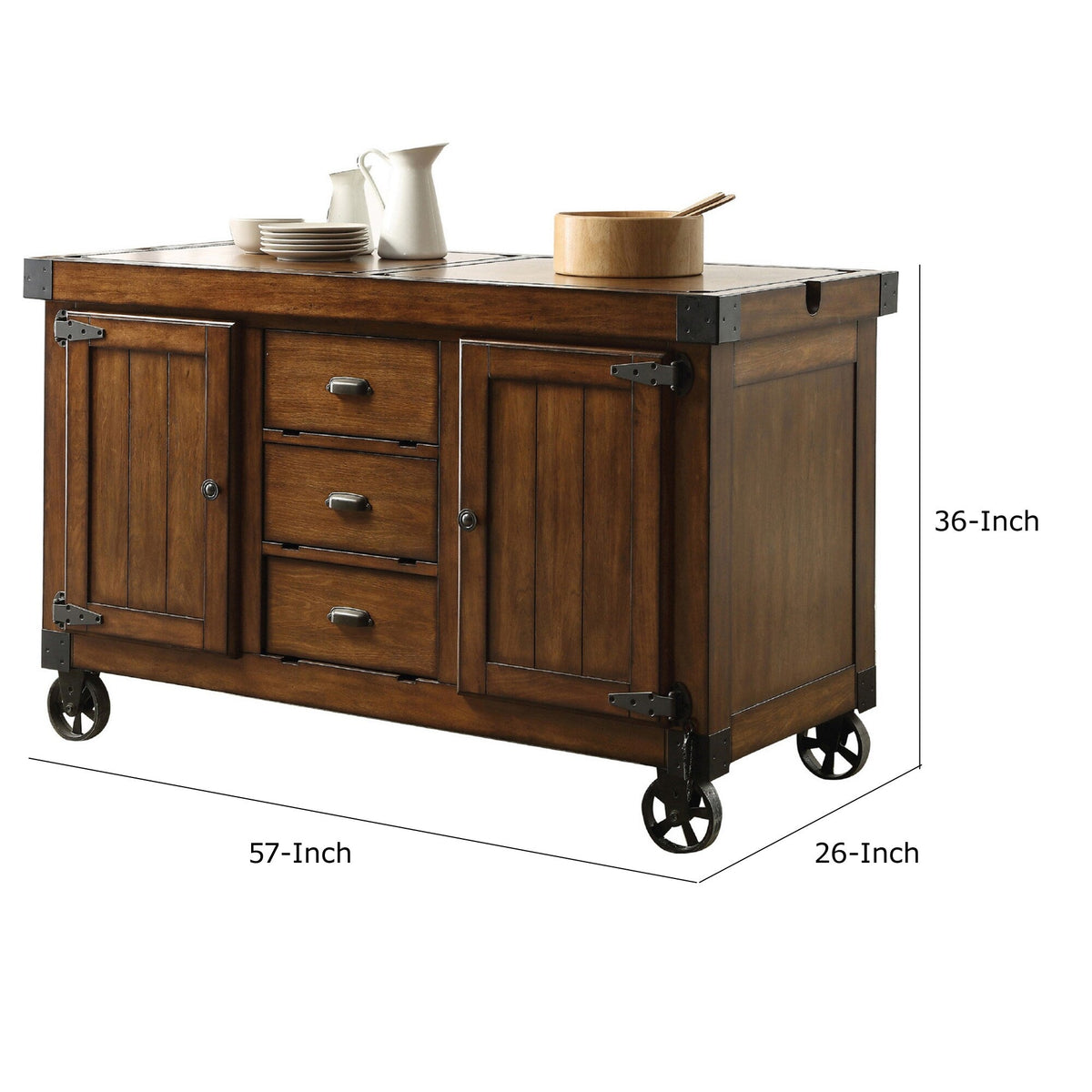 Benzara Brown Wood Veneer Base with Mdf Wood Top Kitchen Cart (22-in x 57-in x 36-in)