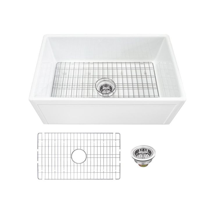 Farmhouse Apron Front Fireclay 33 in. Picture Frame Single Bowl Kitchen Sink in White with Grid and Strainer