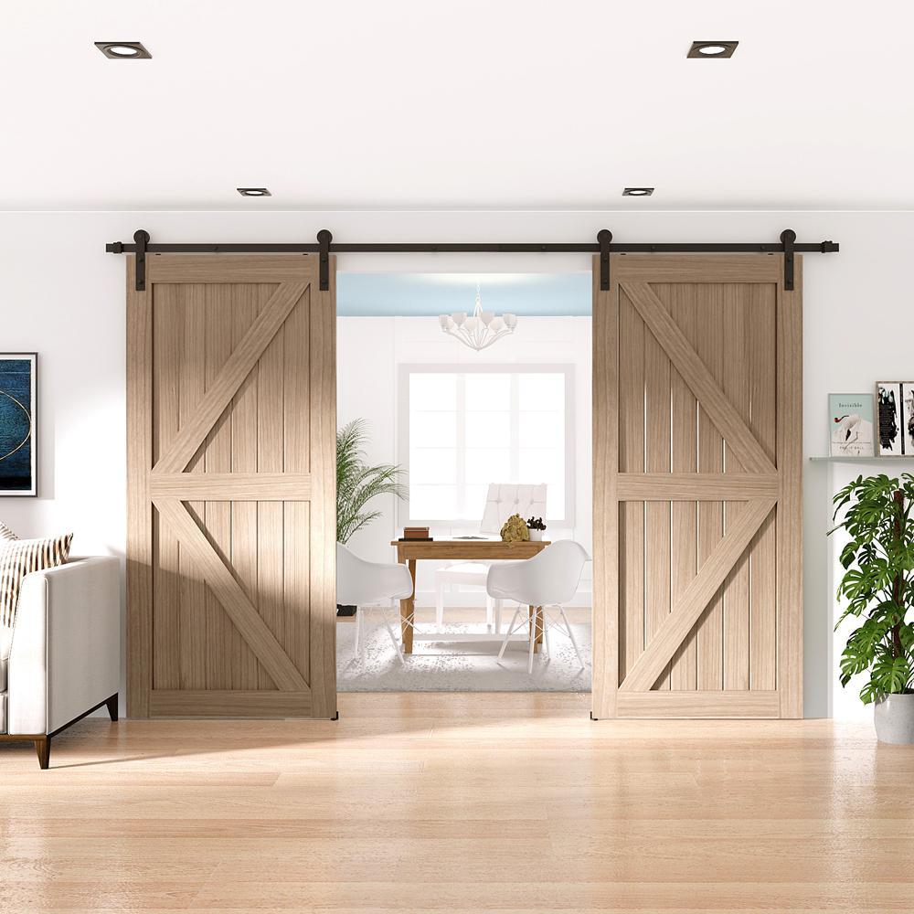 11 ft./132 in. Frosted Black Strap Sliding Barn Door Track Hardware Kit for Double Wood Doors Non-Routed Floor Guide - Super Arbor