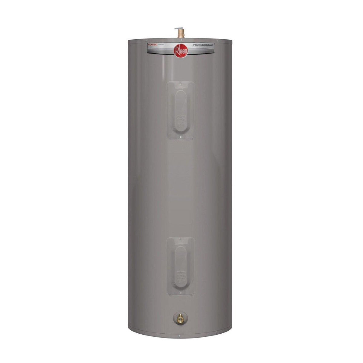 Rheem RE30T2RH95648583 30 gal. Tall 4.5kW 2-Element Residential Electric Water Heater shown centered on a square white background