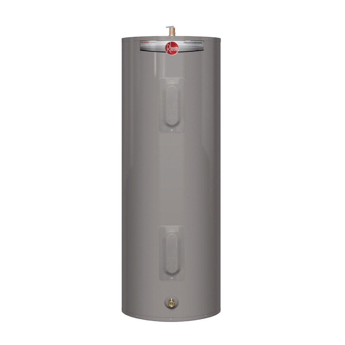 Rheem RE30T2RH95648583 30 gal. Tall 4.5kW 2-Element Residential Electric Water Heater shown centered on a square white background