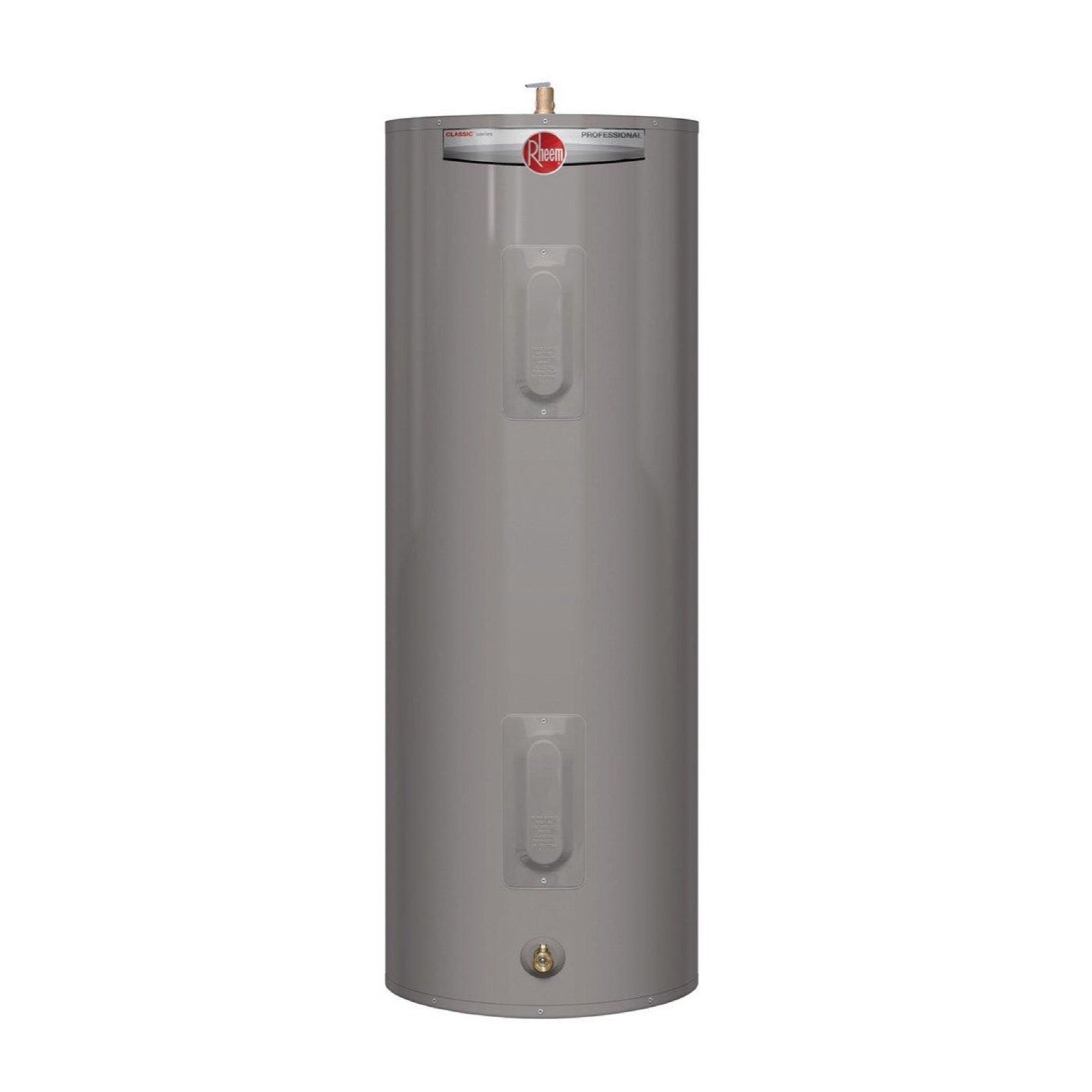 Rheem RE30T2RH95648583 30 gal. Tall 4.5kW 2-Element Residential Electric Water Heater shown centered on a square white background