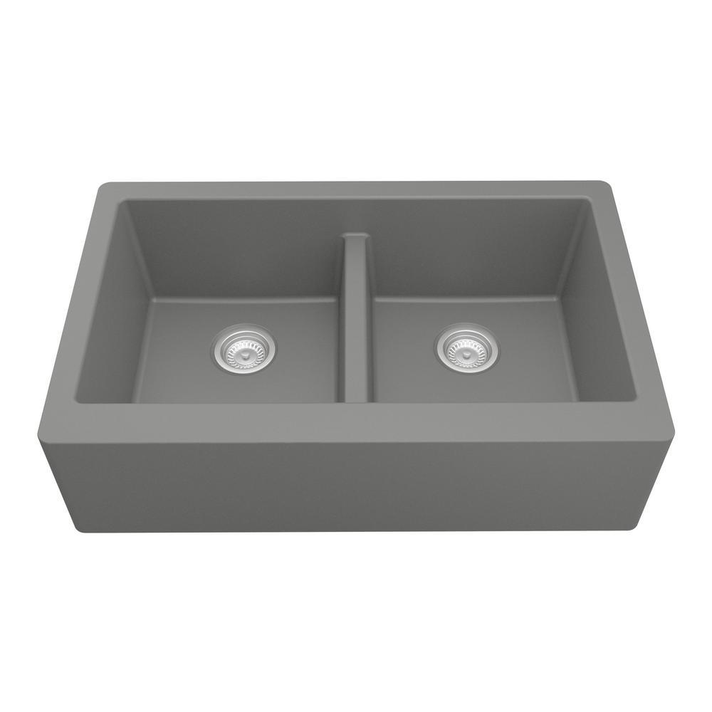 Farmhouse Apron Front Quartz Composite 34 in. Double Bowl Kitchen Sink in Black - Super Arbor