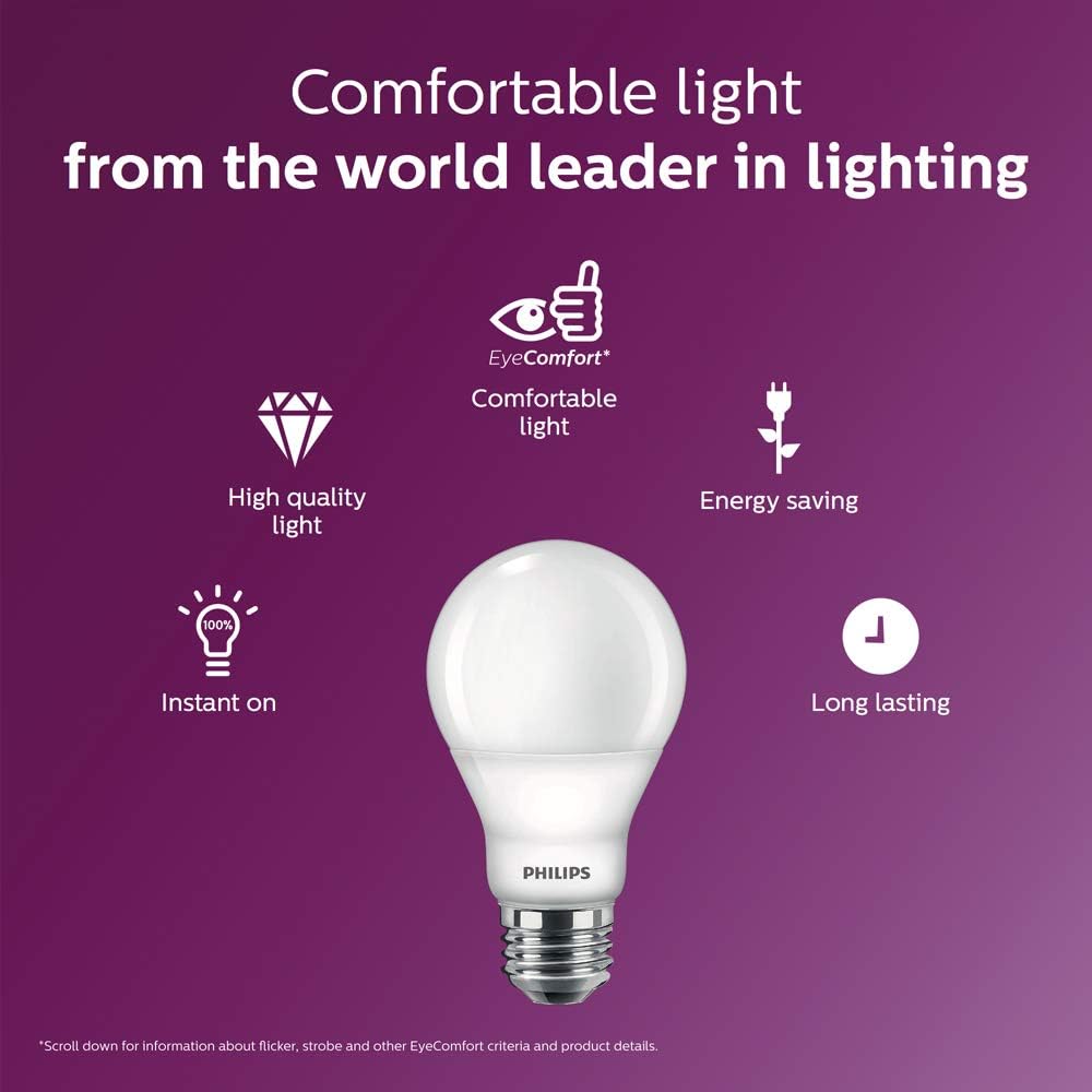 Philips 60-Watt Equivalent A19 Dimmable Warm White LED Light Bulb, Warm Glow Effect, E26 Base, 800 Lumens, 4-Pack
