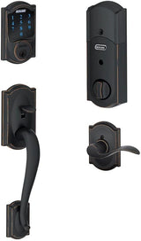 Schlage Camelot Aged Bronze Connect Z‑Wave Plus Smart Deadbolt & Camelot Handleset with Accent Lever, Camelot Trim