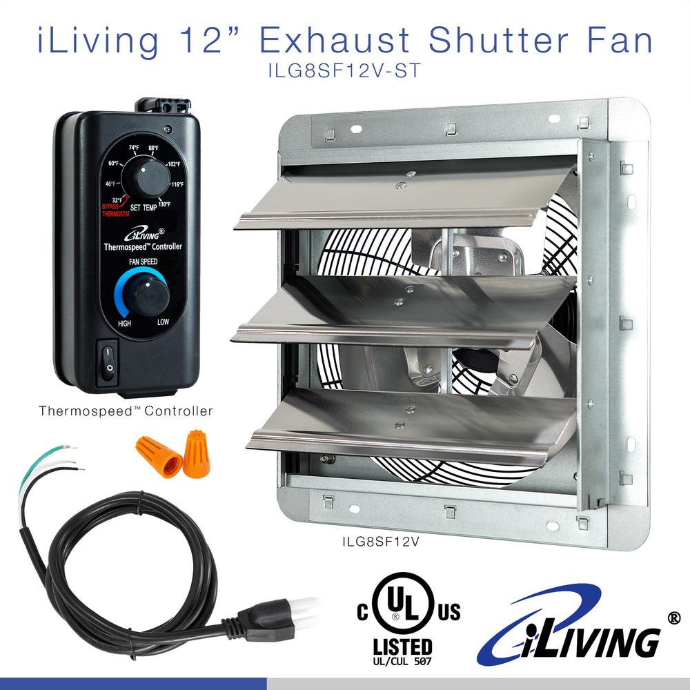12 in. Shutter Exhaust Fan with Thermospeed Controller, 65-Watt, 960 CFM - Super Arbor
