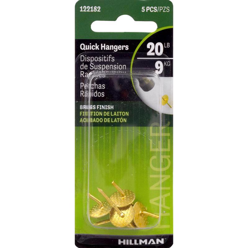 Hillman AnchorWire Brass-Plated One Piece Quick Hanger, 20 lb Capacity, 5 Pack