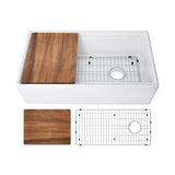 Fireclay 33 in. Single Bowl Farmhouse Apron Front Reversible Kitchen Sink in White with Cutting Board and Grid - Super Arbor