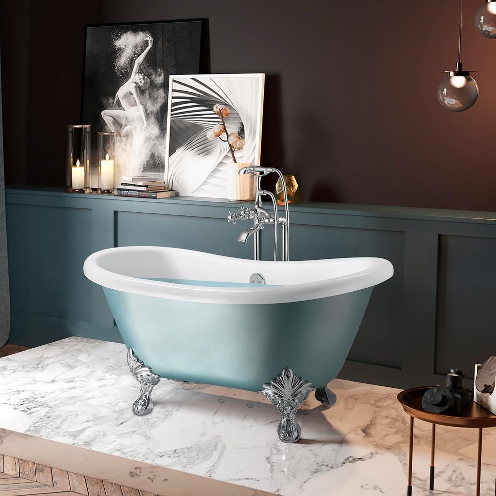 59 in. Fiberglass Double Slipper Clawfoot Non-Whirlpool Bathtub in Matte Lichen Green - Super Arbor