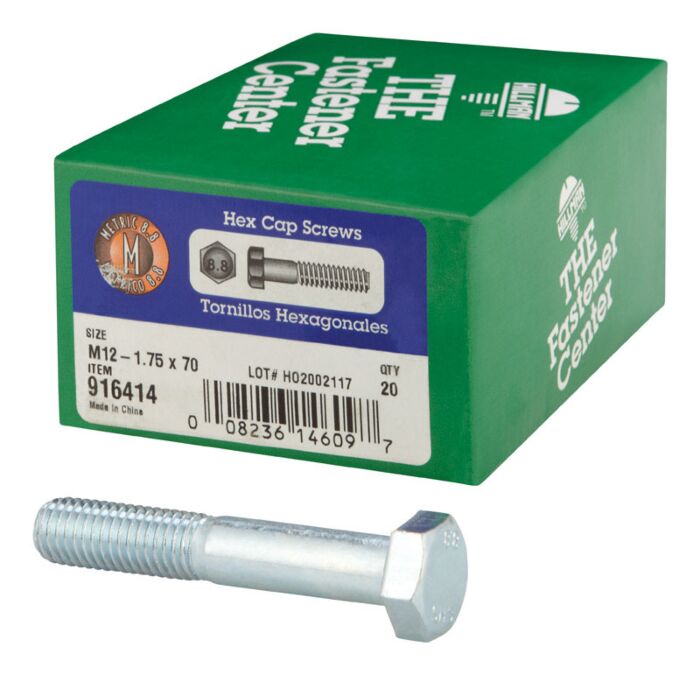 Hillman M12-1.75 x 70 mm Heat-Treated Steel Hex Head Cap Screw, Grade 8.8, Box of 20
