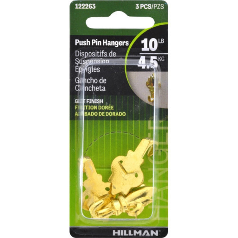 Hillman AnchorWire Gilt Gold Push Pin Picture Hook, 10 lb Capacity, 3-Pack