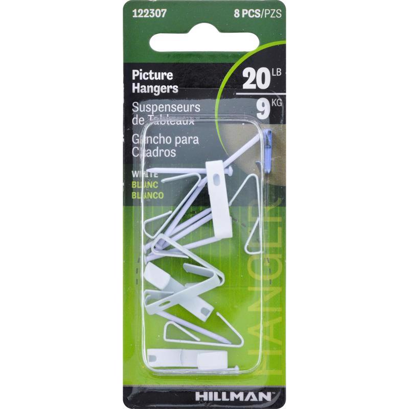 Hillman AnchorWire Steel-Plated White Standard Picture Hangers, 20 lb Capacity, 8-Pack