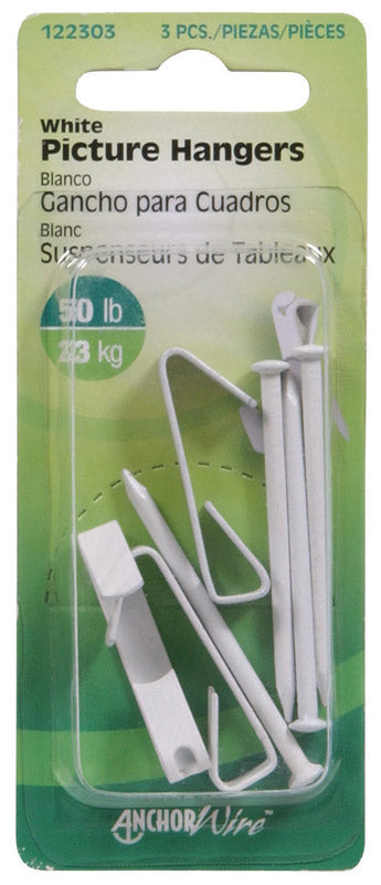 Hillman AnchorWire Steel-Plated White Standard Picture Hanger, 50 lb Capacity, 3-Pack