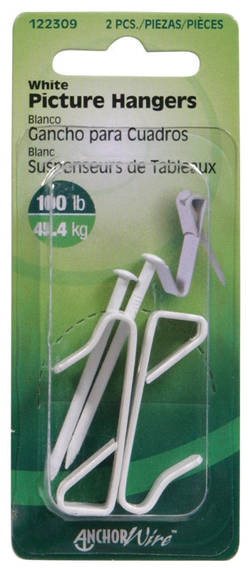 Hillman AnchorWire Steel-Plated White Standard Picture Hanger, 100 lb Capacity, 2-Pack
