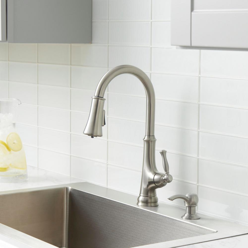 Touchless LED Single-Handle Pull-Down Sprayer Kitchen Faucet with Soap Dispenser in Stainless Steel - Super Arbor