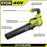 RYOBI 110 MPH 525 CFM 40-Volt Lithium-Ion Cordless Variable-Speed Battery Jet Fan Leaf Blower (Tool-Only)