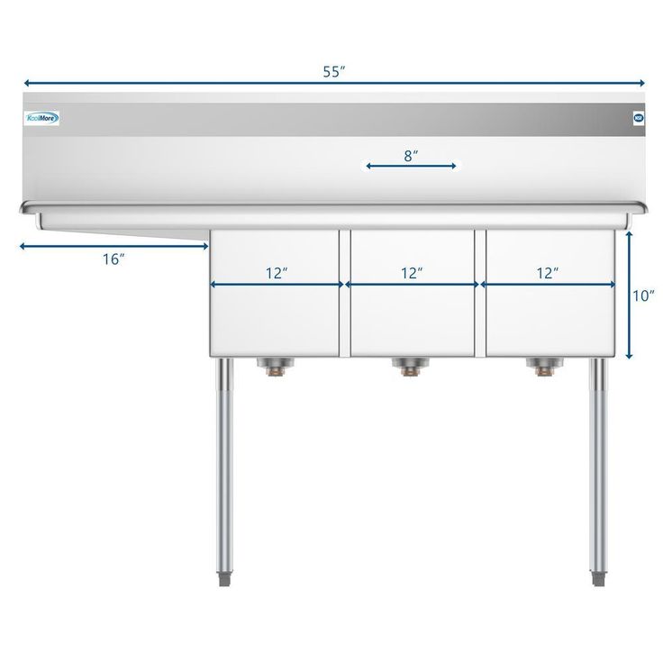 Freestanding Stainless Steel 55 in. 2-Hole Triple Bowl Commercial Kitchen Sink