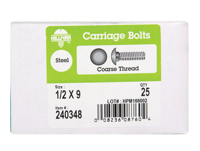 Hillman 1/2 in. x 9 in. Zinc-Plated Steel Carriage Bolts, Coarse Thread (25-Pack)