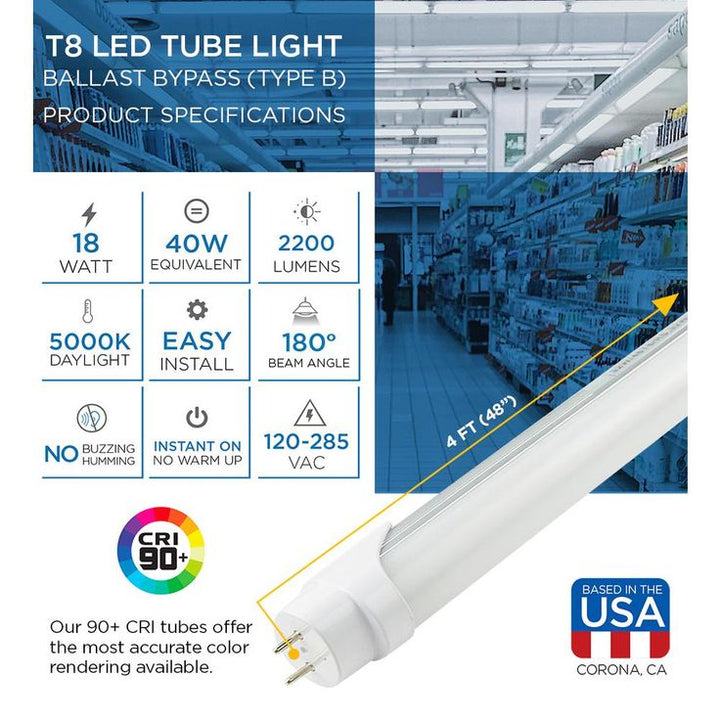 Viribright 4 ft. 40-Watt Equivalent Ballast Bypass Daylight White (5000K) Linear Single End Power T8 LED Tube Light Bulb (12-Pack)