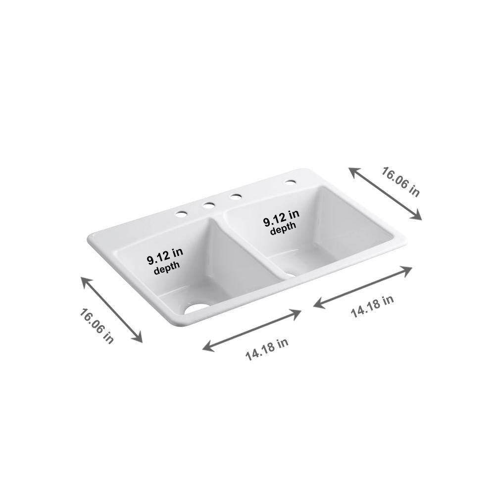 Brookfield Drop-In Cast Iron 33 in. 4-Hole Double Bowl Kitchen Sink in White - Super Arbor