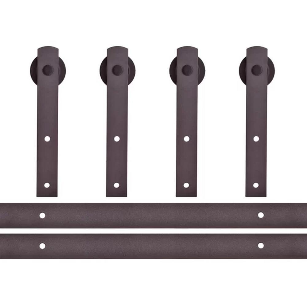 144 in. Antique Bronze Classic Straight Strap Double Track Barn Door Hardware Kit - Super Arbor