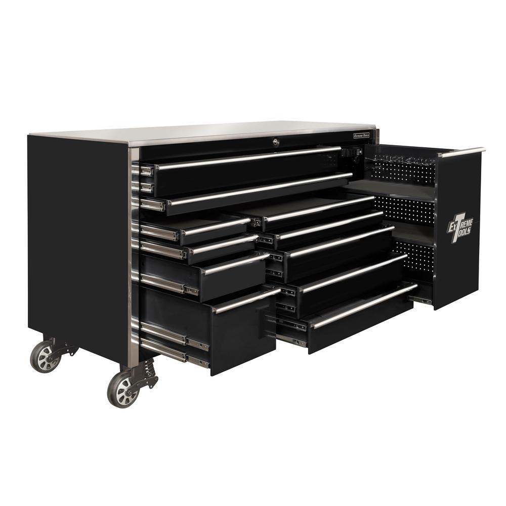 76 in. 12-Drawer Professional Roller Cabinet Includes Vertical Power Tool Drawer & Stainless Steel Work Surface in Black - Super Arbor