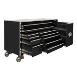 76 in. 12-Drawer Professional Roller Cabinet Includes Vertical Power Tool Drawer & Stainless Steel Work Surface in Black - Super Arbor