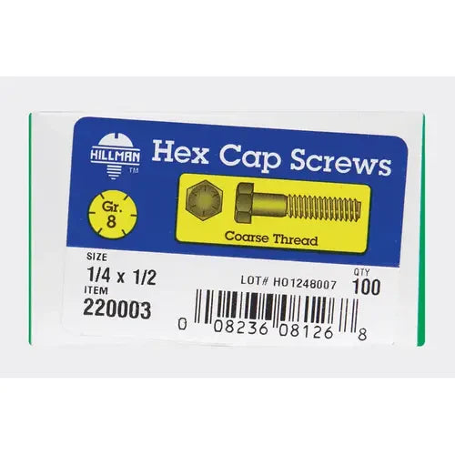 Hillman 1/4 in. D x 1/2 in. L Heat Treated Steel Hex Head Cap Screw, Grade 8, Coarse Thread (100-Pack)