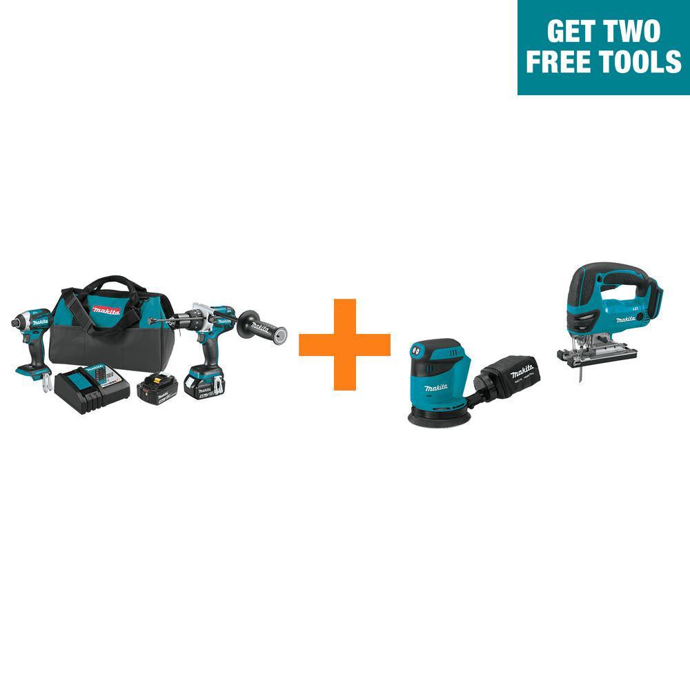 18-Volt LXT Brushless 2-Pc Combo Kit 5.0Ah with bonus 18V LXT 5 in. Random Orbit Sander and 18V LXT Jigsaw - Super Arbor